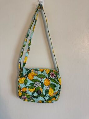 Vera Bradley Quilted Floral Lemon Turnlock Flap Crossbody Bag in Aqua and Yellow